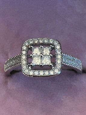 0.75CTW Genuine Moissanite Square & Round Halo Pave Ring Set in Sterling Silver